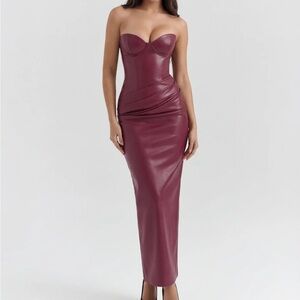 Strapless Wine Faux Leather Midi Dress with Corset Bodice